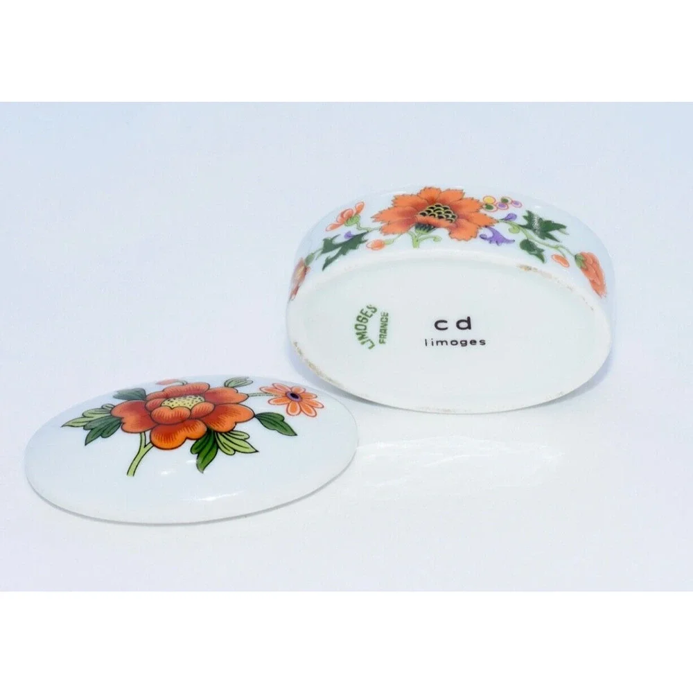 Vintage French CD Limoges Porcelain Floral Trinket Jewelry Box
